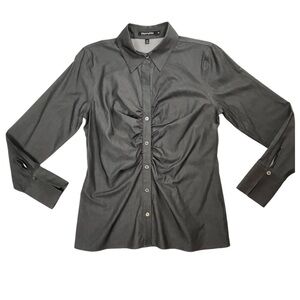 ✨ Chic Paperwhite Ruched ButtonUp Shirt Heathered Black Cotton Silk Blend Size 6